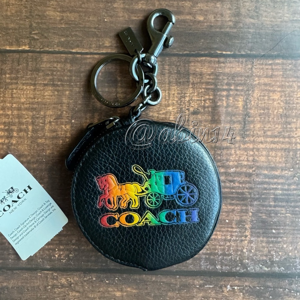 NWT Coach Black Leather Horse and Carriage Round Coin Case Bag Charm